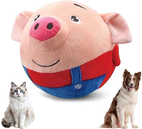 Active Moving Pet Plush Toy, 2025 New Squeaky Moving Dog Ball Toy Interactive Puppy Toys, Rechargeable Cartoon Plush Bounce Talking Toys to Keep Them Busy (Red Pig)