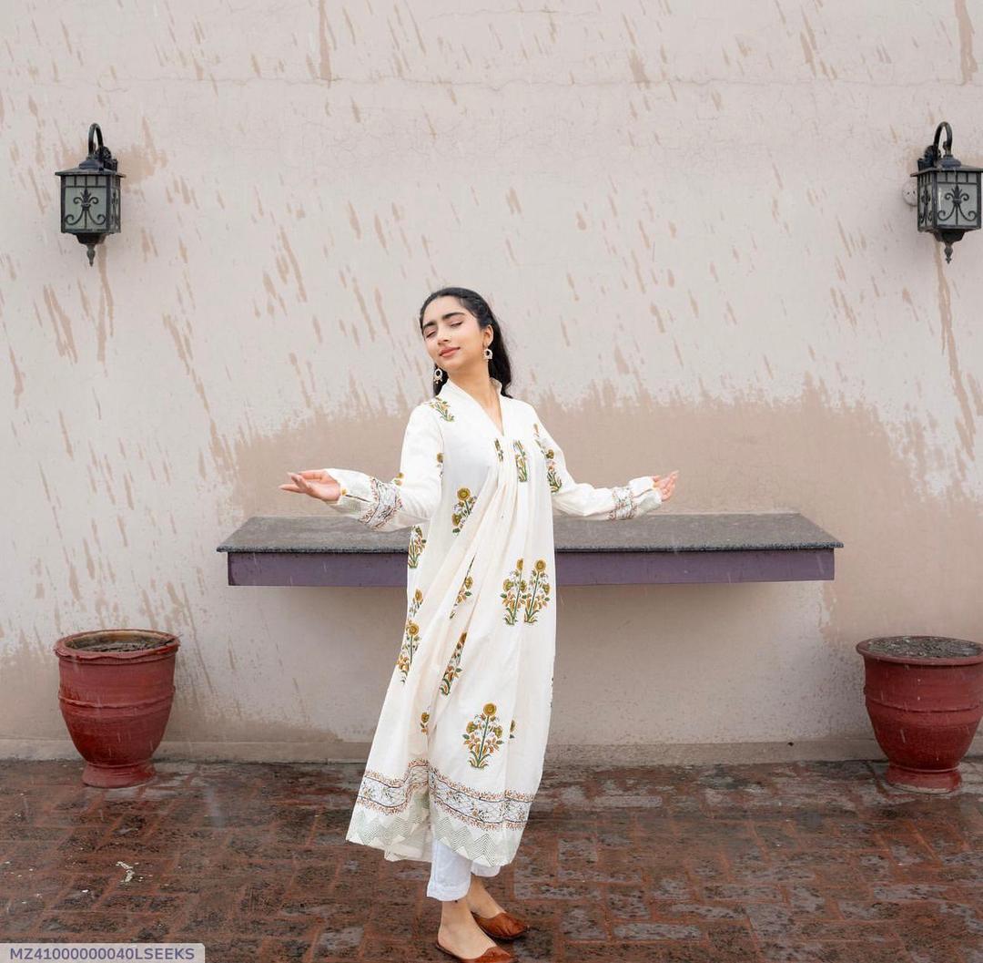 Elegant White Lawn 3-Piece Dress with Floral Print